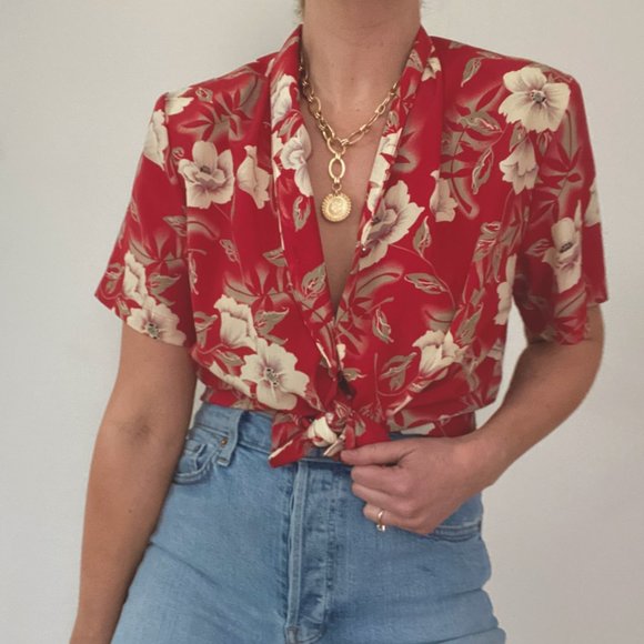 Vintage Red Floral Short Sleeve Blouse - Picture 4 of 7
